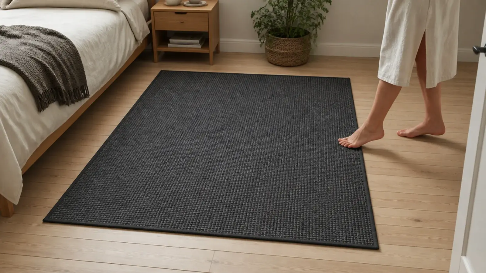flat woven rug sized precisely to a small bedroom floor area