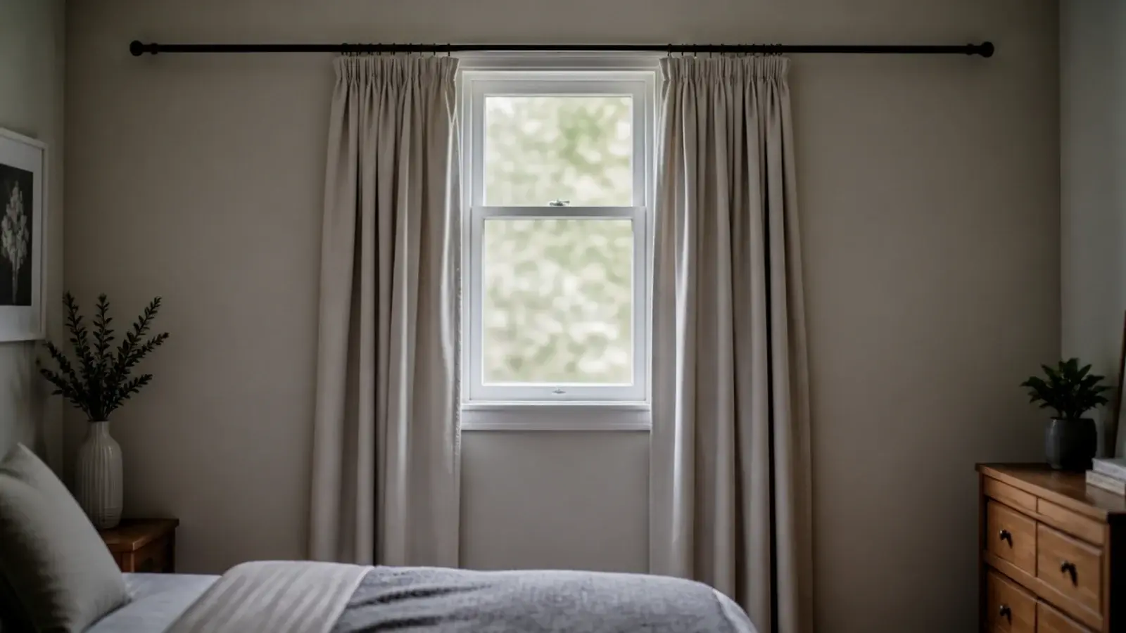 curtain rail running the full wall width above a small window