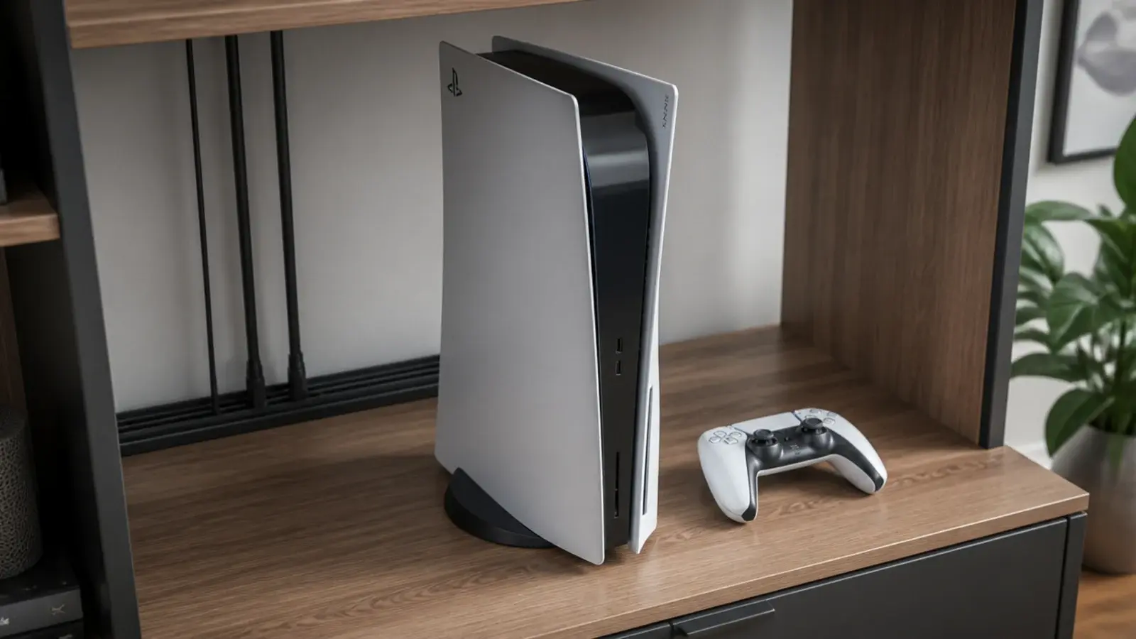 games console standing upright on a shelf with clear air around