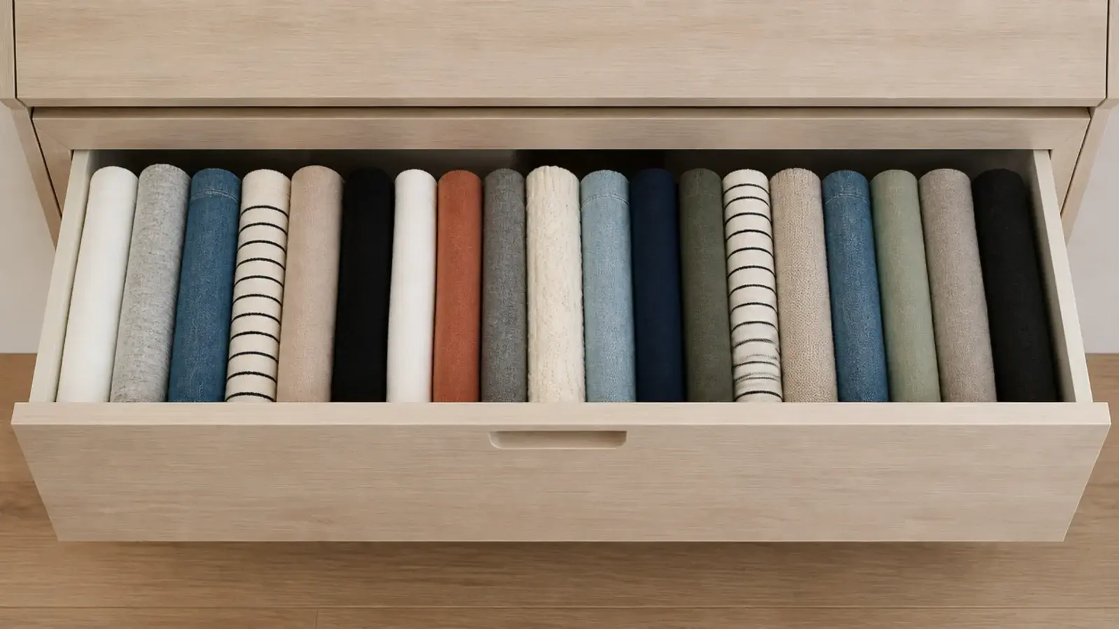 single deep drawer open showing folded clothes stored on edge