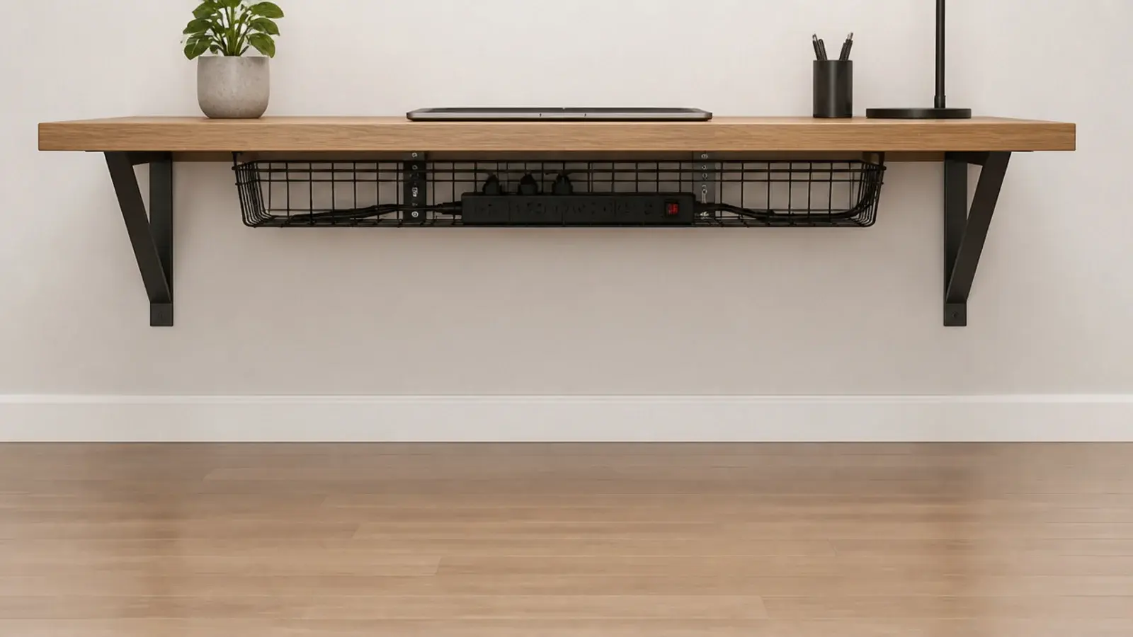 cable tray screwed under a desk holding a power block off the floor