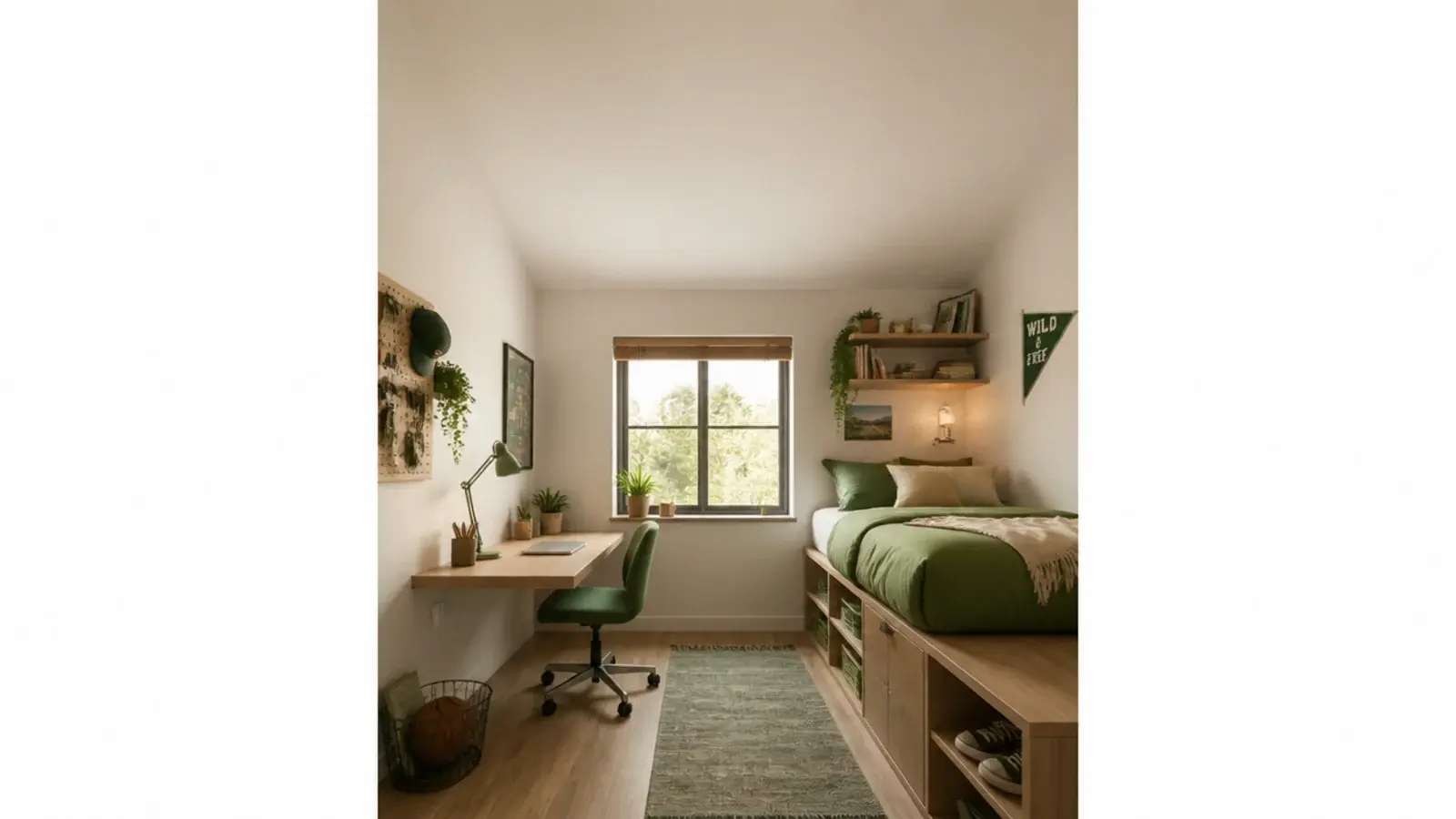 tall small teen boy bedroom view with wall desk raised bed and shelves