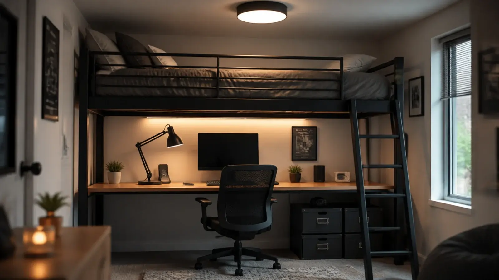 high loft bed with a desk chair and monitor working underneath it