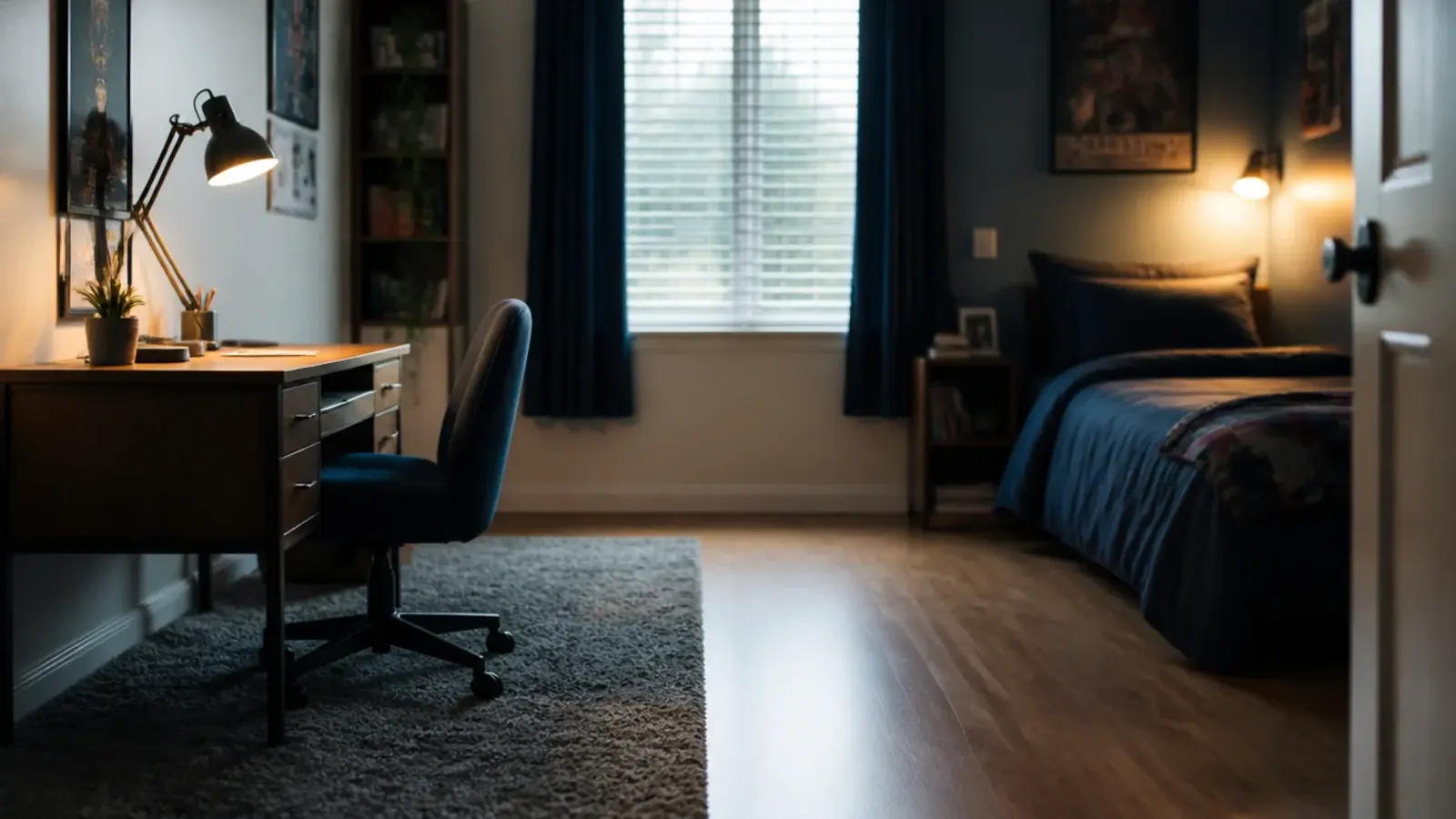 bedroom divided into a desk zone and a bed zone by flooring