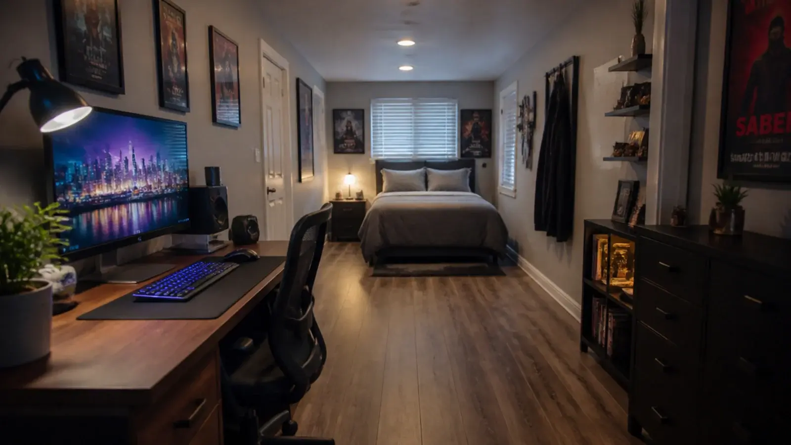 long narrow bedroom with a bed at one end and a desk opposite
