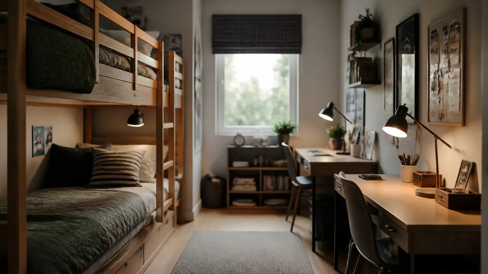 bunk beds against one wall with two desks along the opposite wall