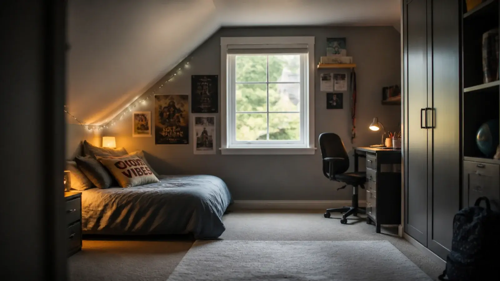 attic bedroom with a bed under the slope and a desk at full height