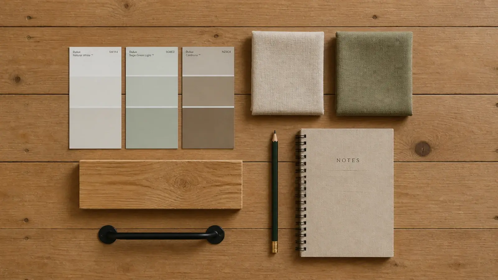 paint chips fabric swatches and a timber offcut arranged on a floor