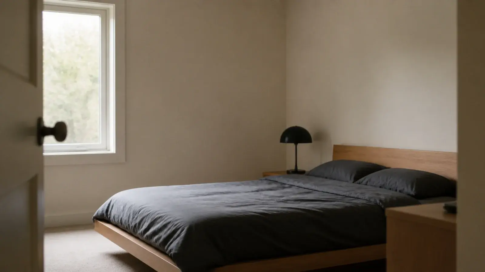 pale bedroom with oatmeal walls timber bed and charcoal bedding