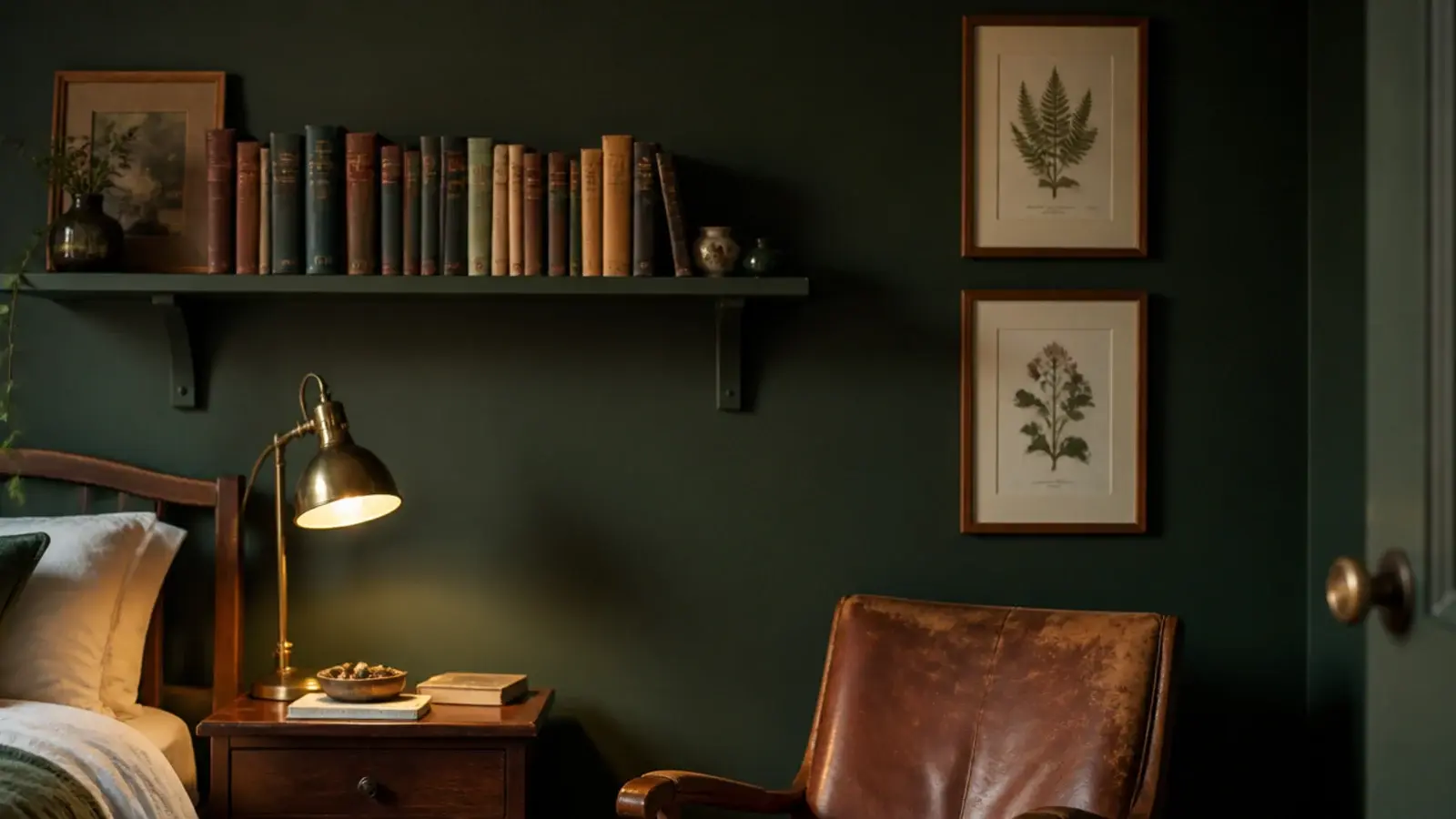 deep green wall with secondhand books a brass lamp and framed prints