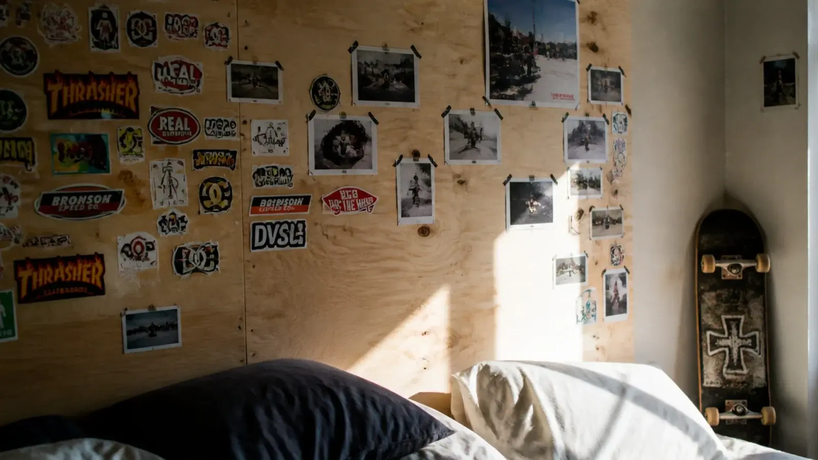 plywood panel covered in skate stickers above a low bed