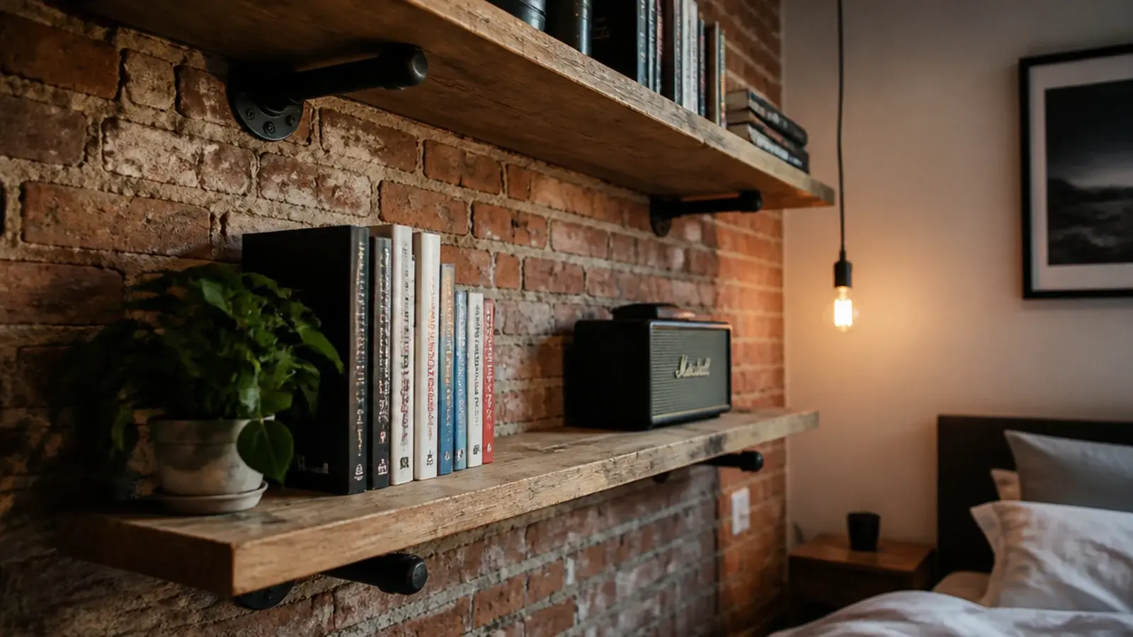 scaffold plank shelves on iron pipe brackets beside a bare bulb