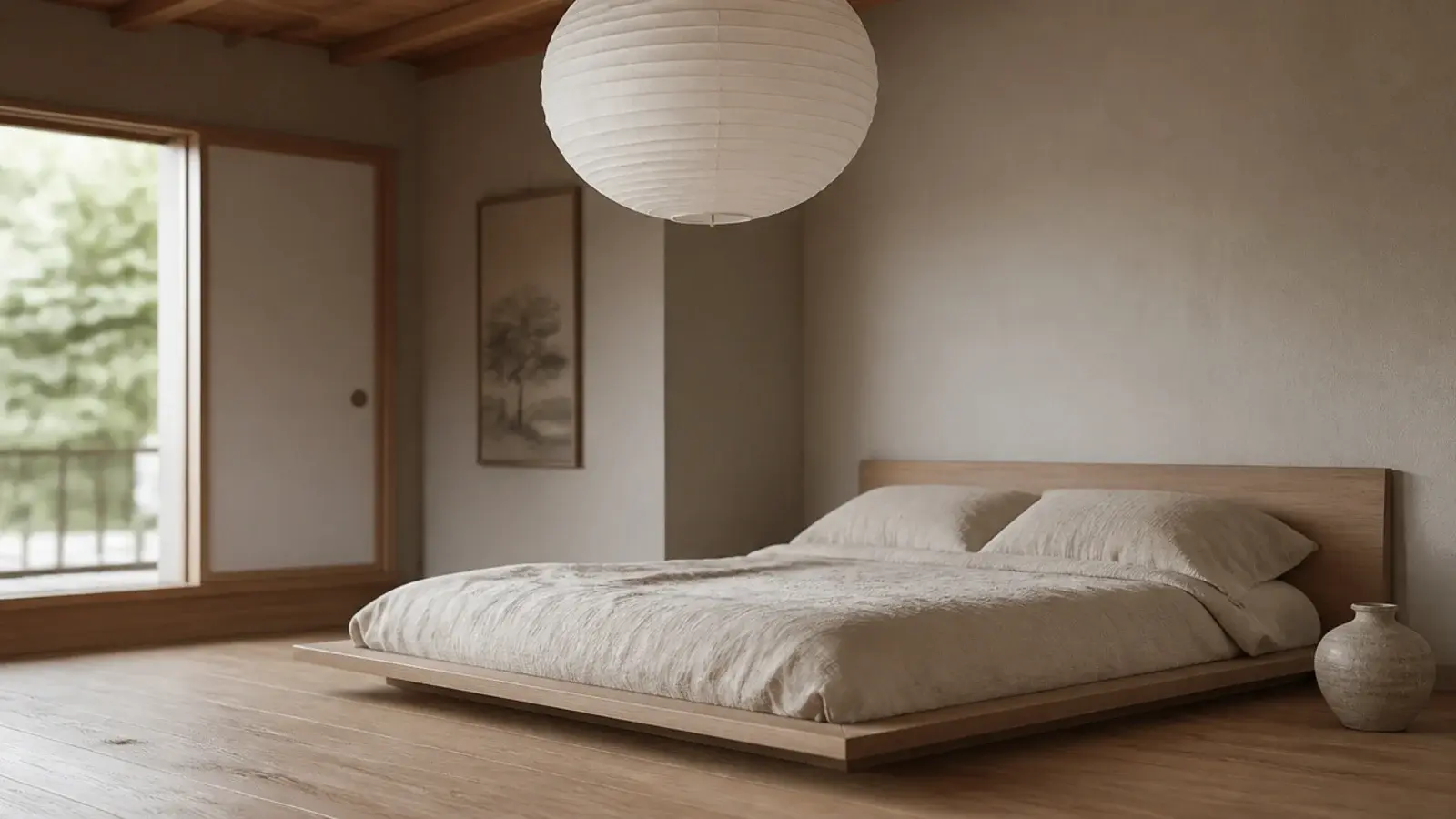 low platform bed with pale timber and a paper globe pendant above