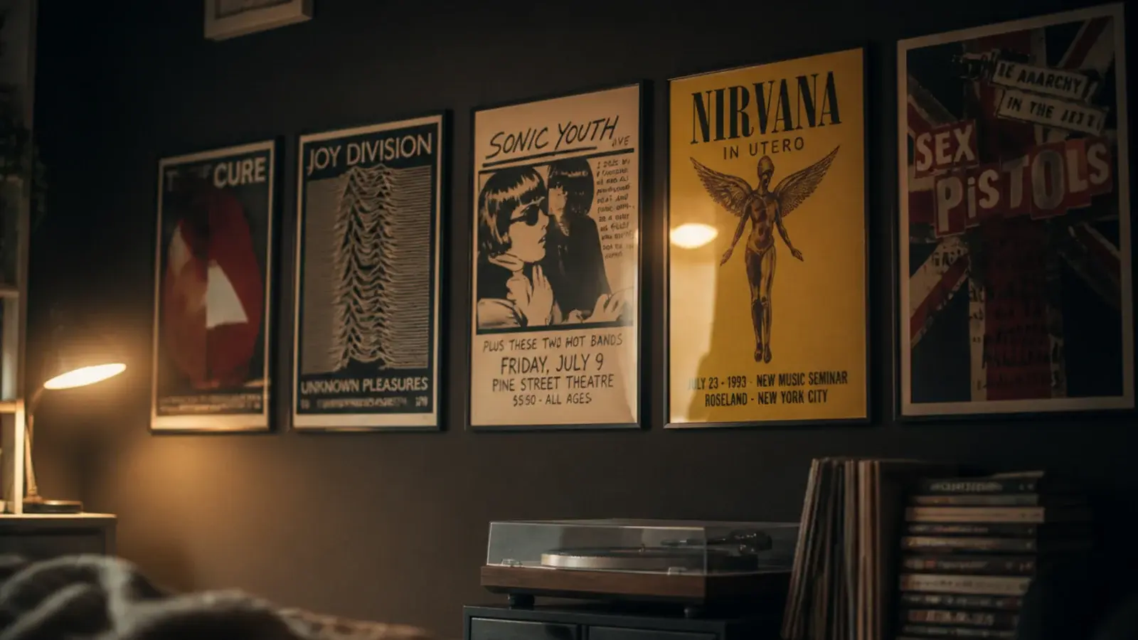 layered band posters mounted behind clip frames on a dark wall