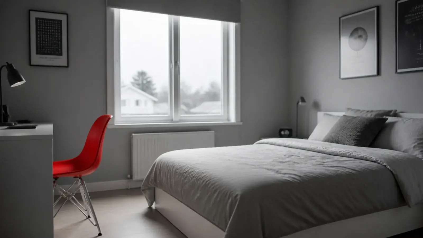 grey and white bedroom interrupted by a single bright red chair