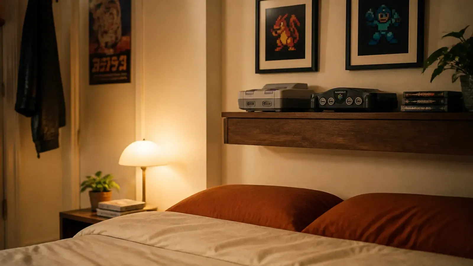 muted retro palette bedroom with vintage consoles displayed on shelves