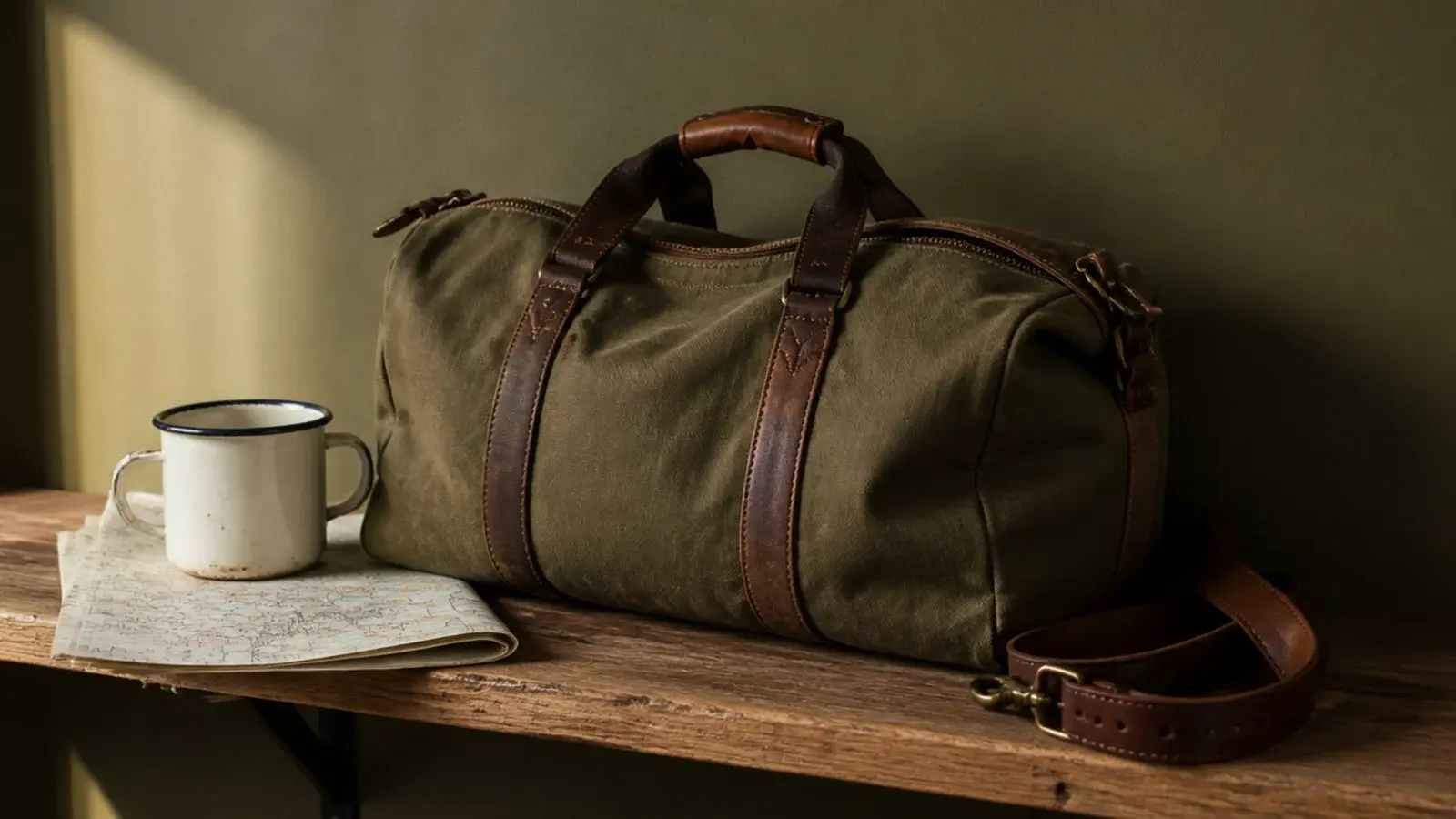 olive canvas bag folded map and enamel mug on a timber shelf