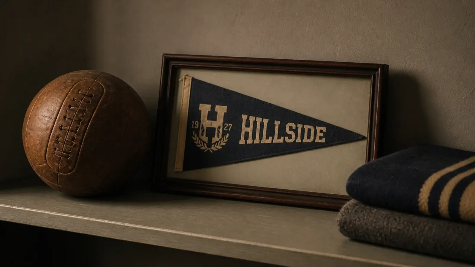 old leather ball and a framed pennant on a plain painted shelf