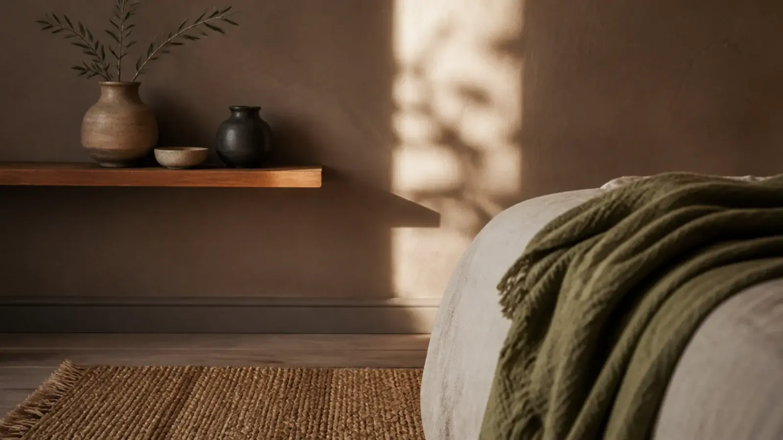 clay coloured wall with oak shelving and olive textile accents