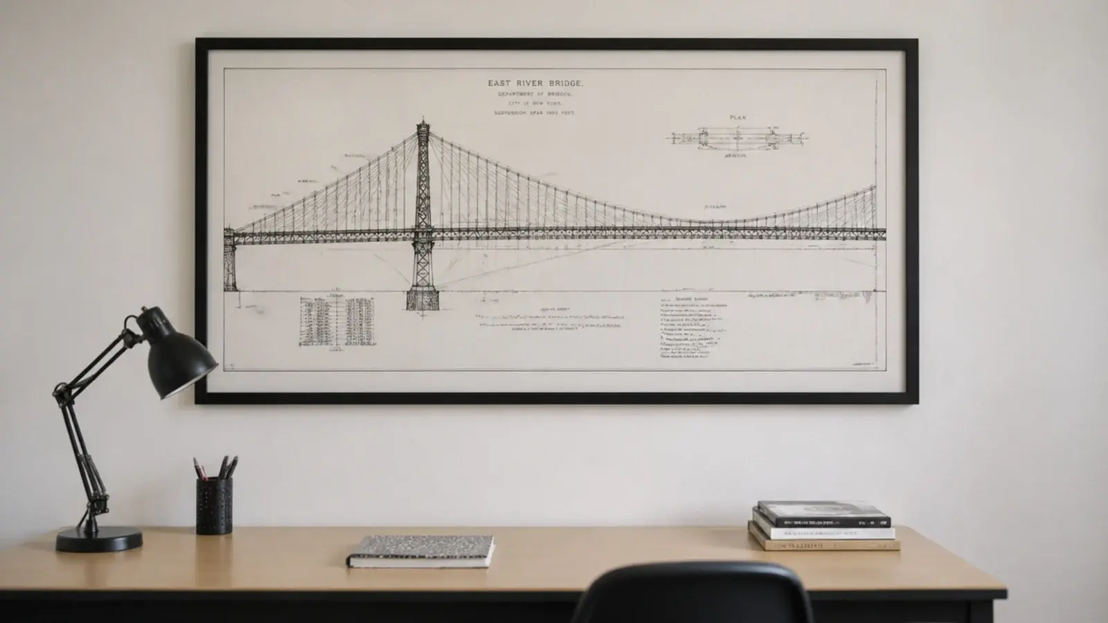large framed technical drawing hung above a plain teenage desk