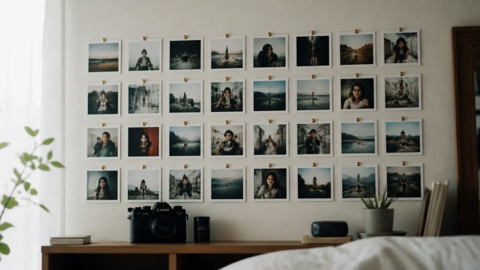 grid of small printed photographs pinned evenly across a wall