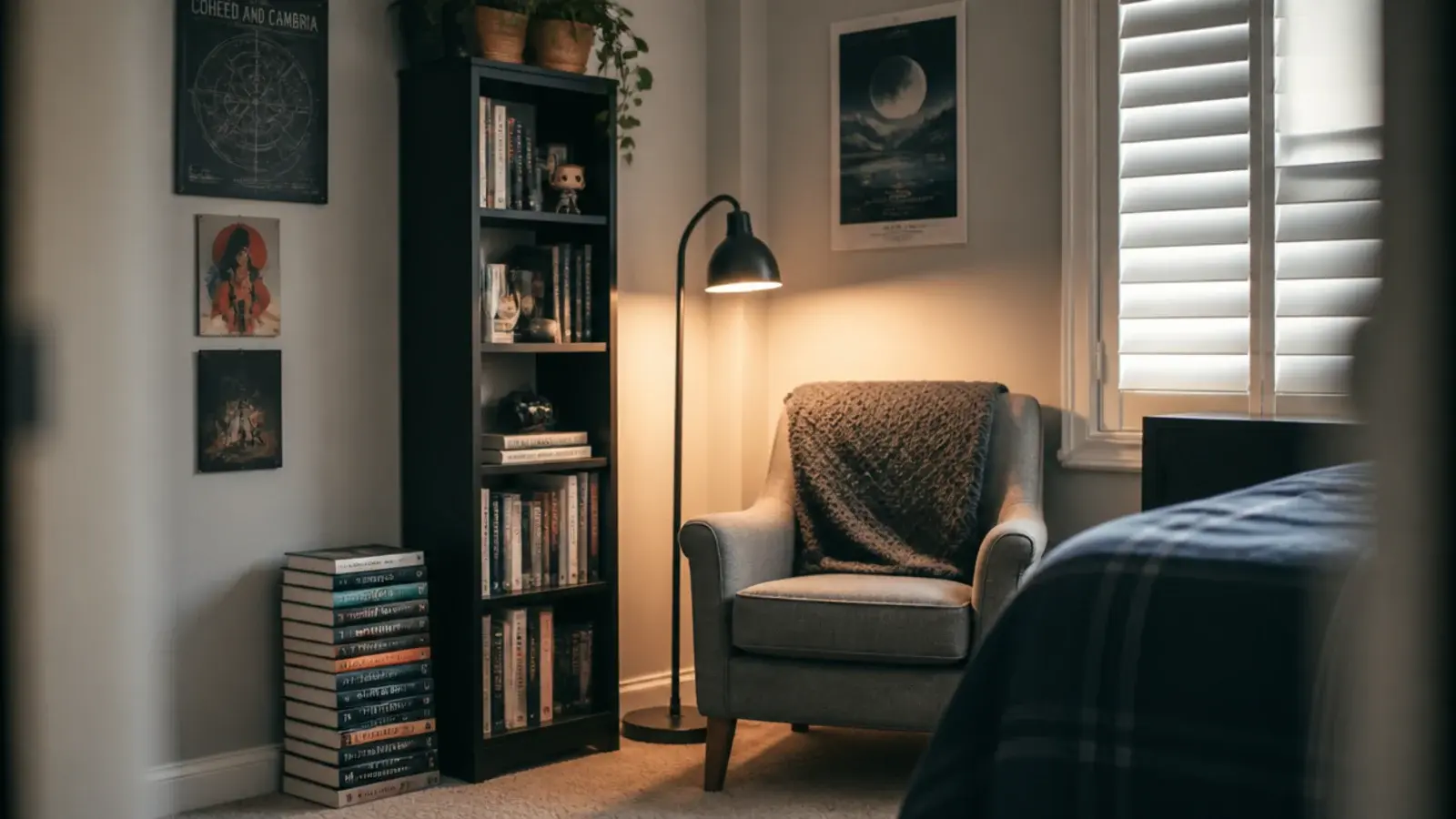 narrow bookcase and armchair filling one corner of a bedroom