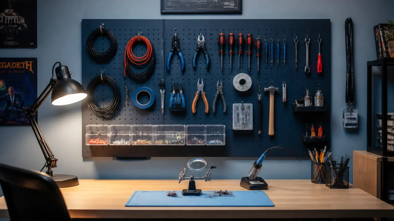 pegboard wall holding tools cables and small parts trays