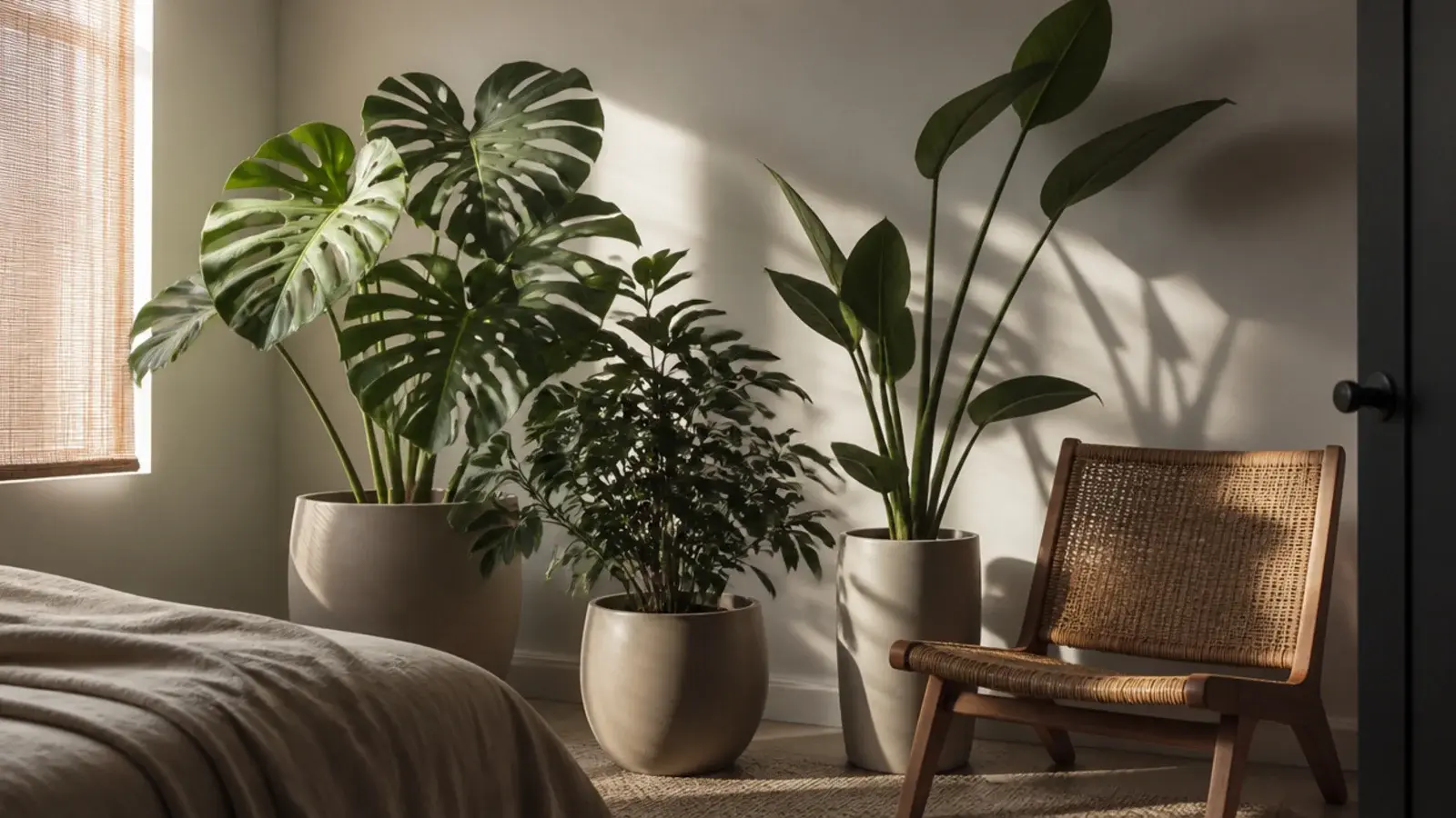 neutral bedroom corner holding three large plants beside a chair