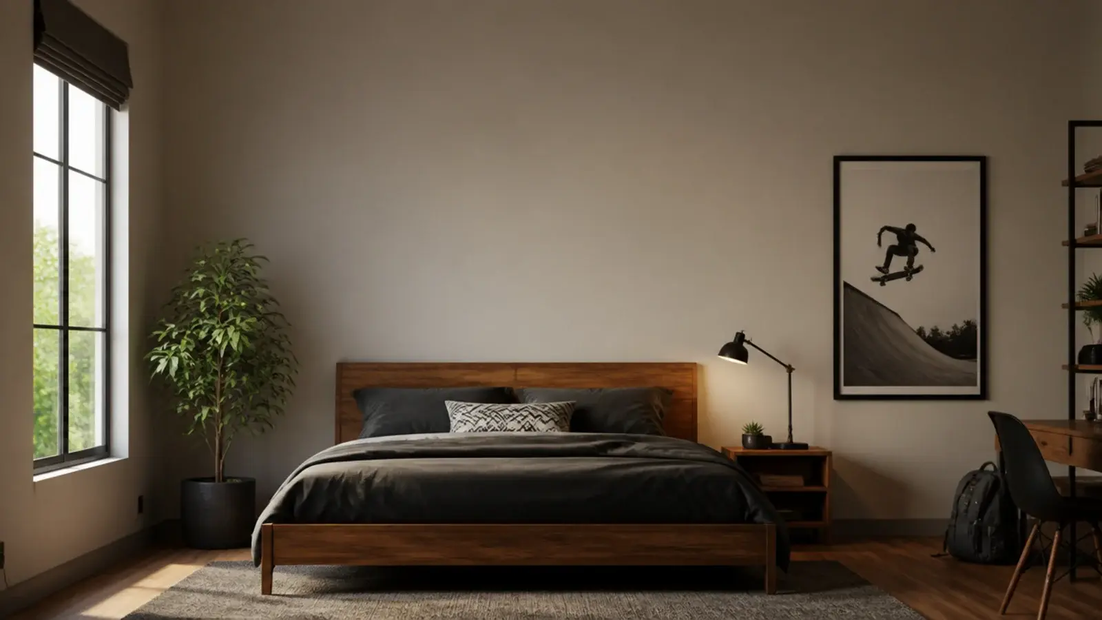 tall teen boy bedroom aesthetic view with timber linen and framed art