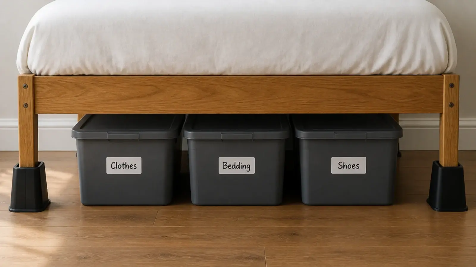 black bed risers lifting a frame above three labelled storage boxes
