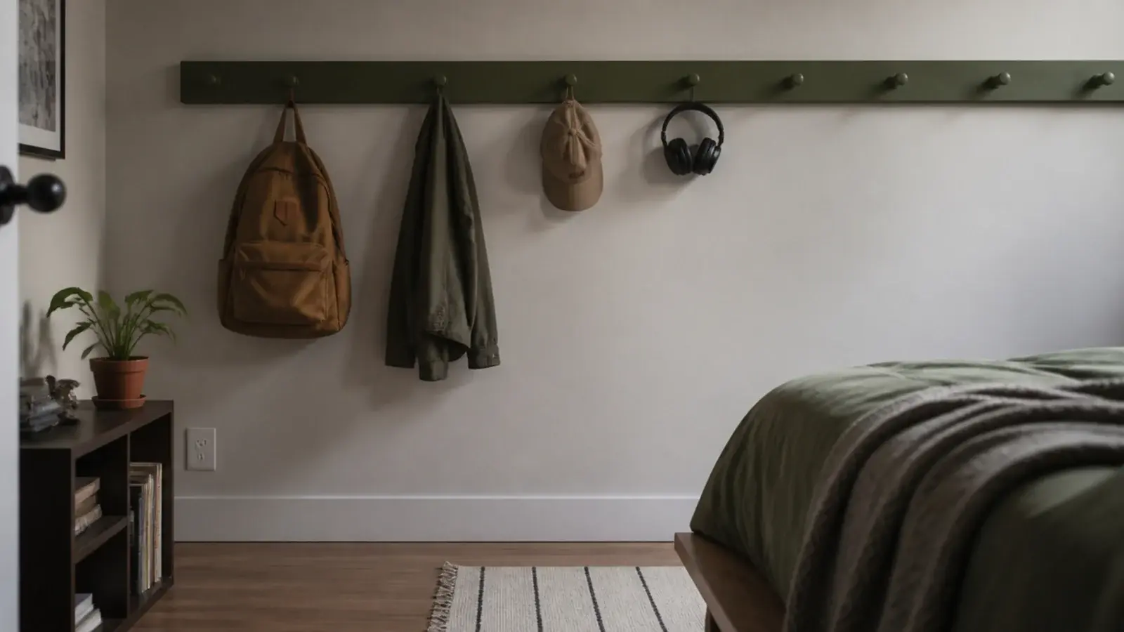 long timber peg rail carrying bags a jacket and headphones