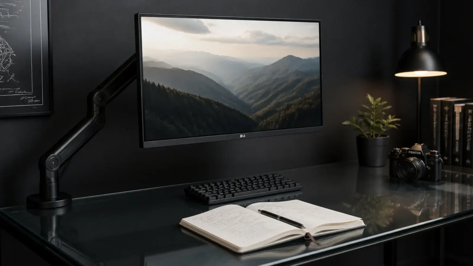 monitor floating on a clamp arm above a completely clear desk