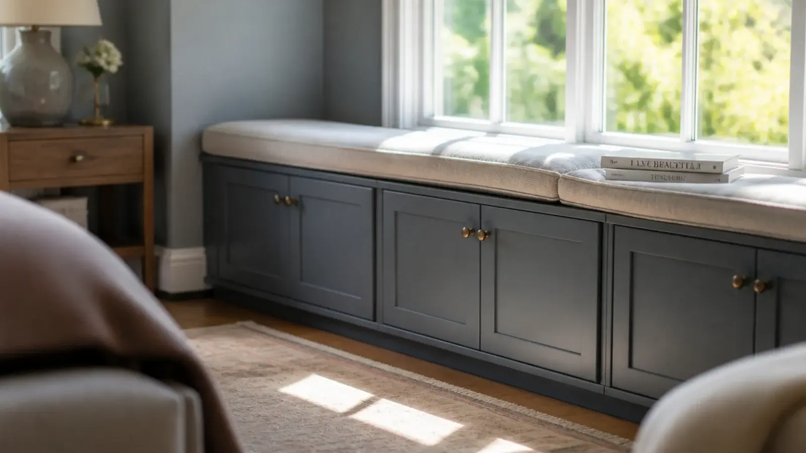 low run of cabinets fitted beneath a bedroom window with a cushion