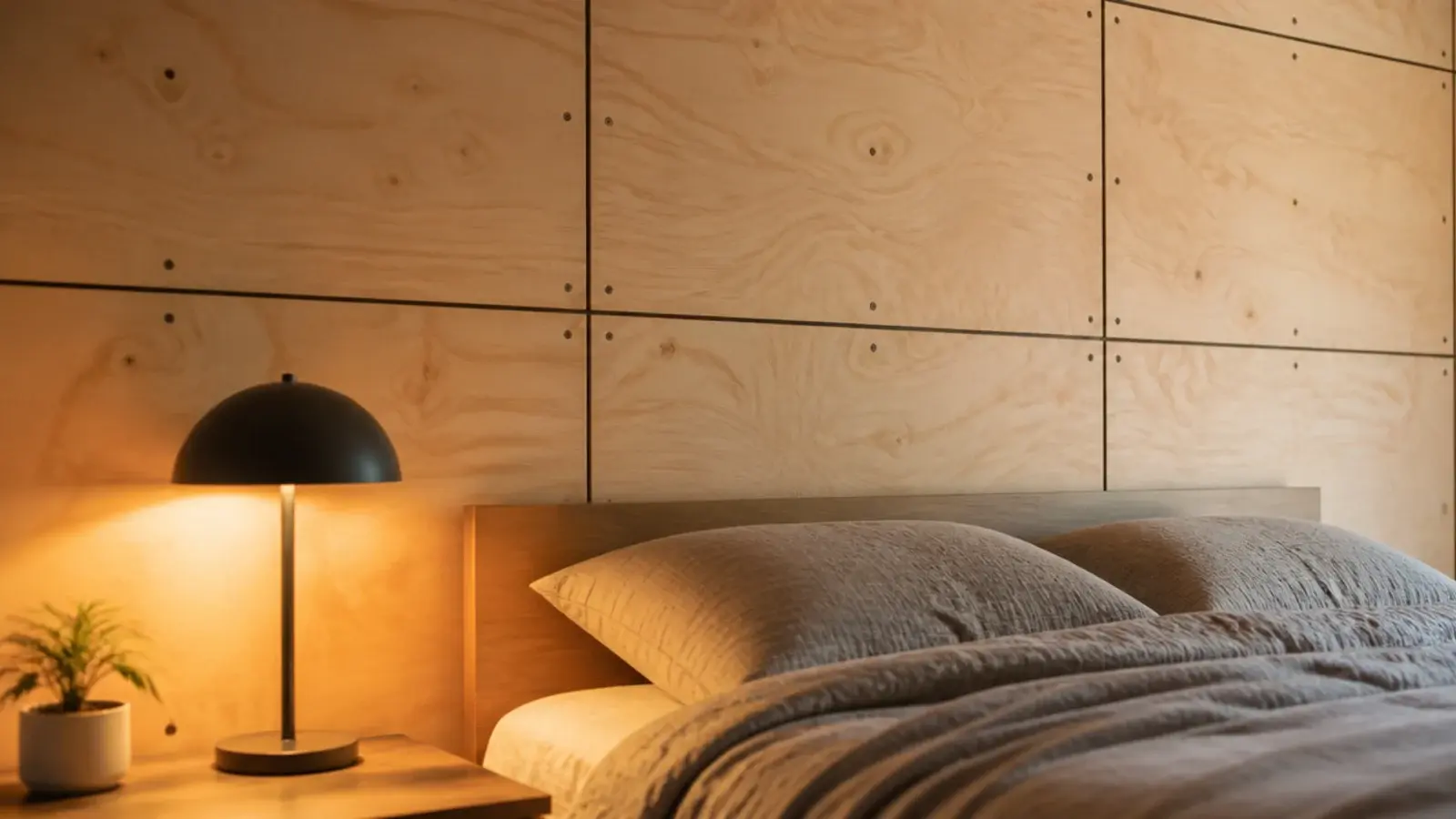 birch plywood panels covering one bedroom wall with shadow gaps