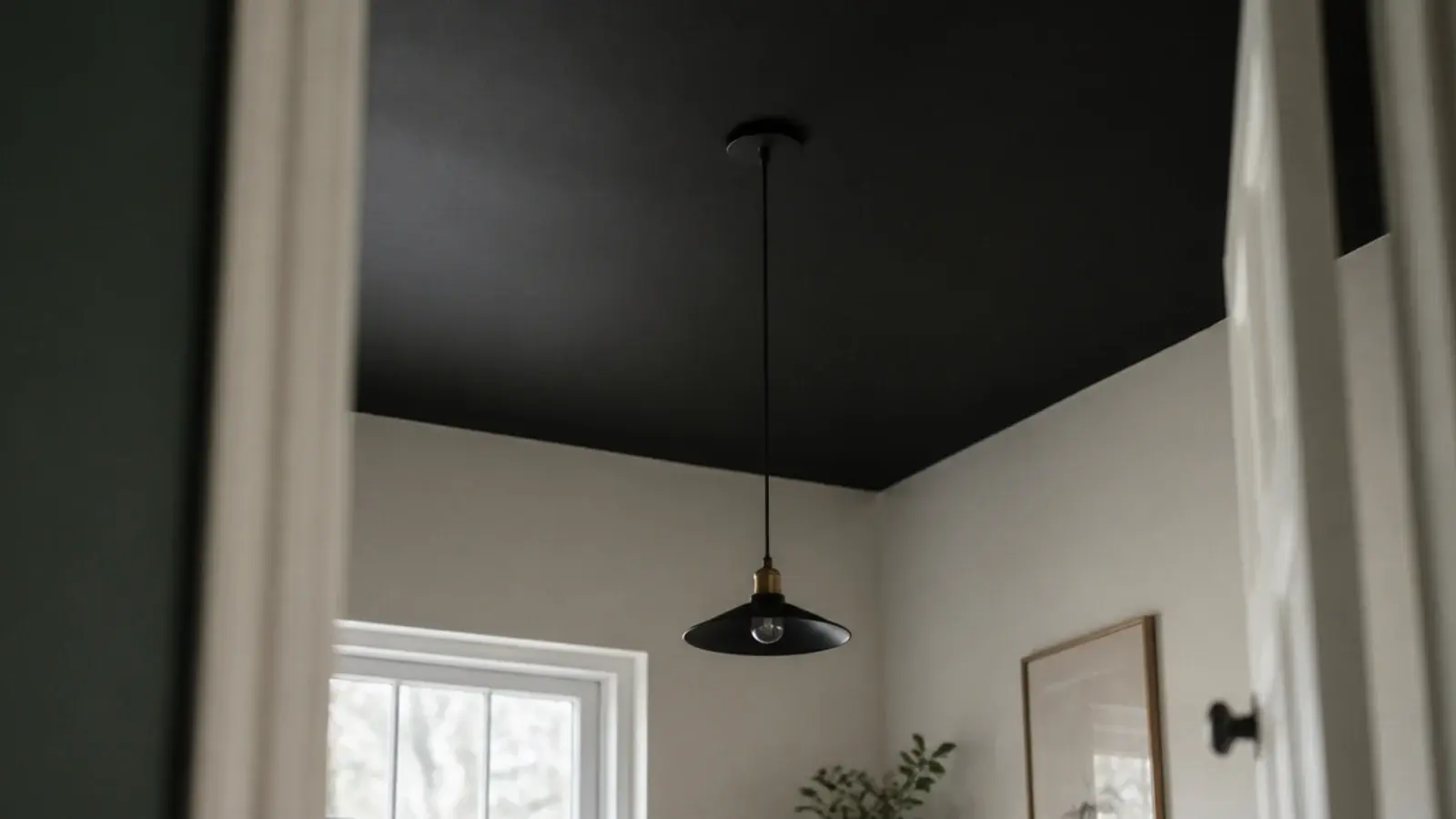 off black ceiling above pale walls seen from a bedroom doorway