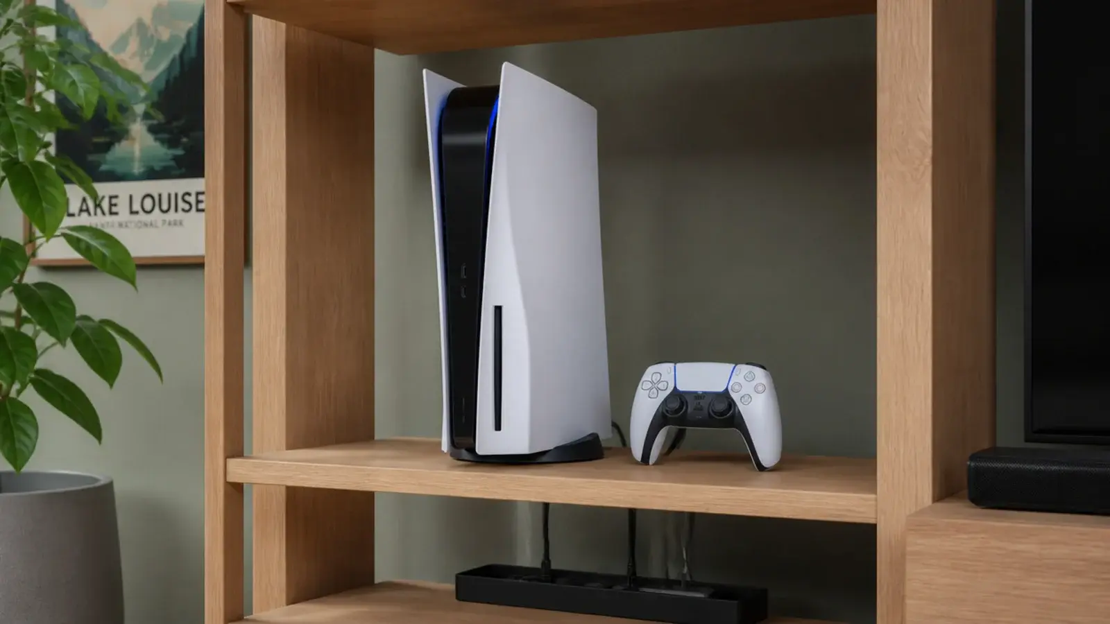 games console standing on an open shelf with clear air around it