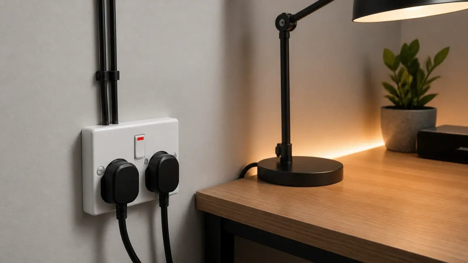 switched socket beside a desk feeding a lamp and a light strip