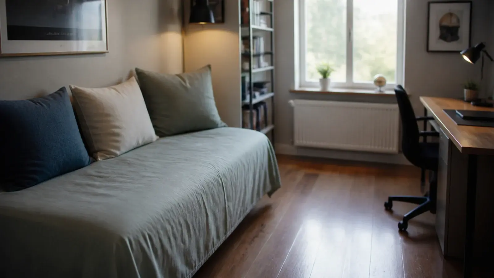 single bed pushed lengthwise to the wall with cushions along it