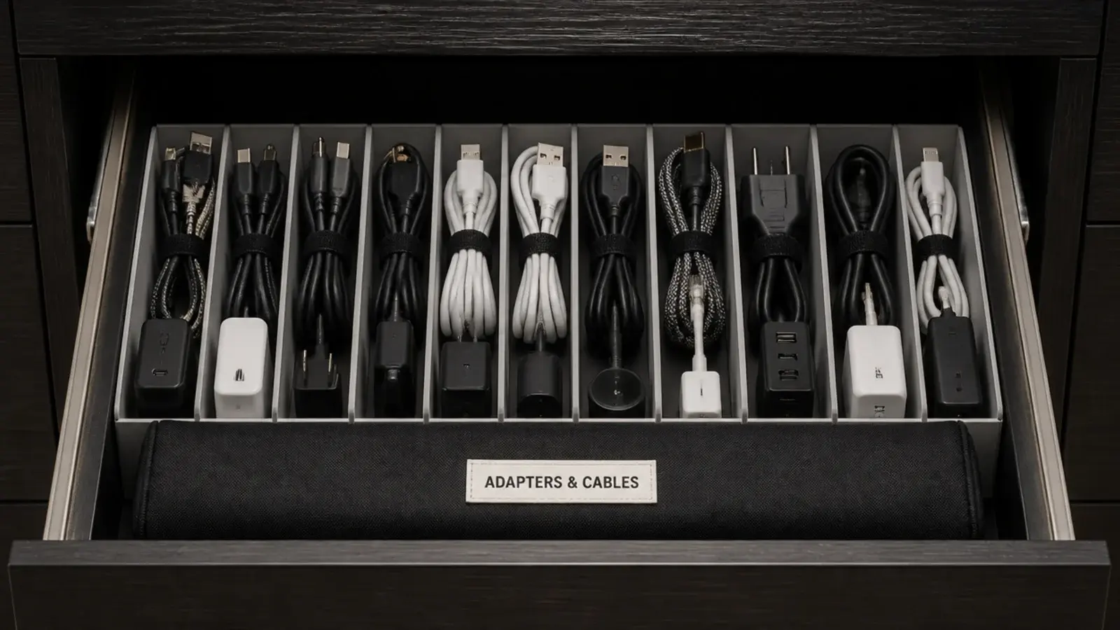 deep drawer open showing coiled cables and adapters in dividers