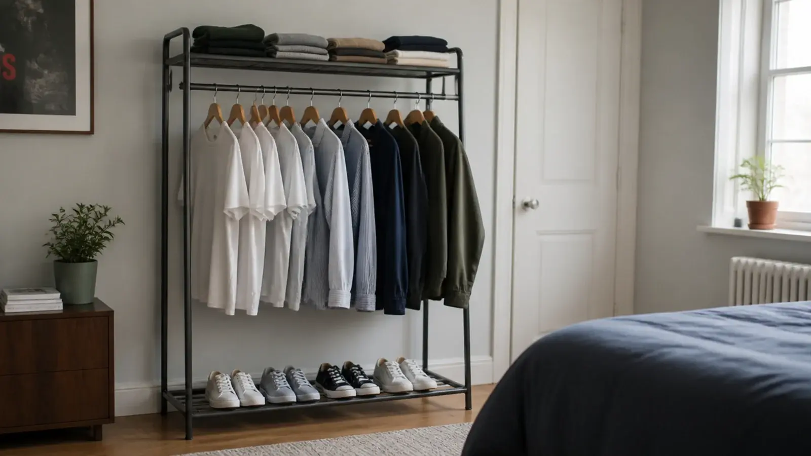 open steel clothes rail with folded shelves standing against a wall