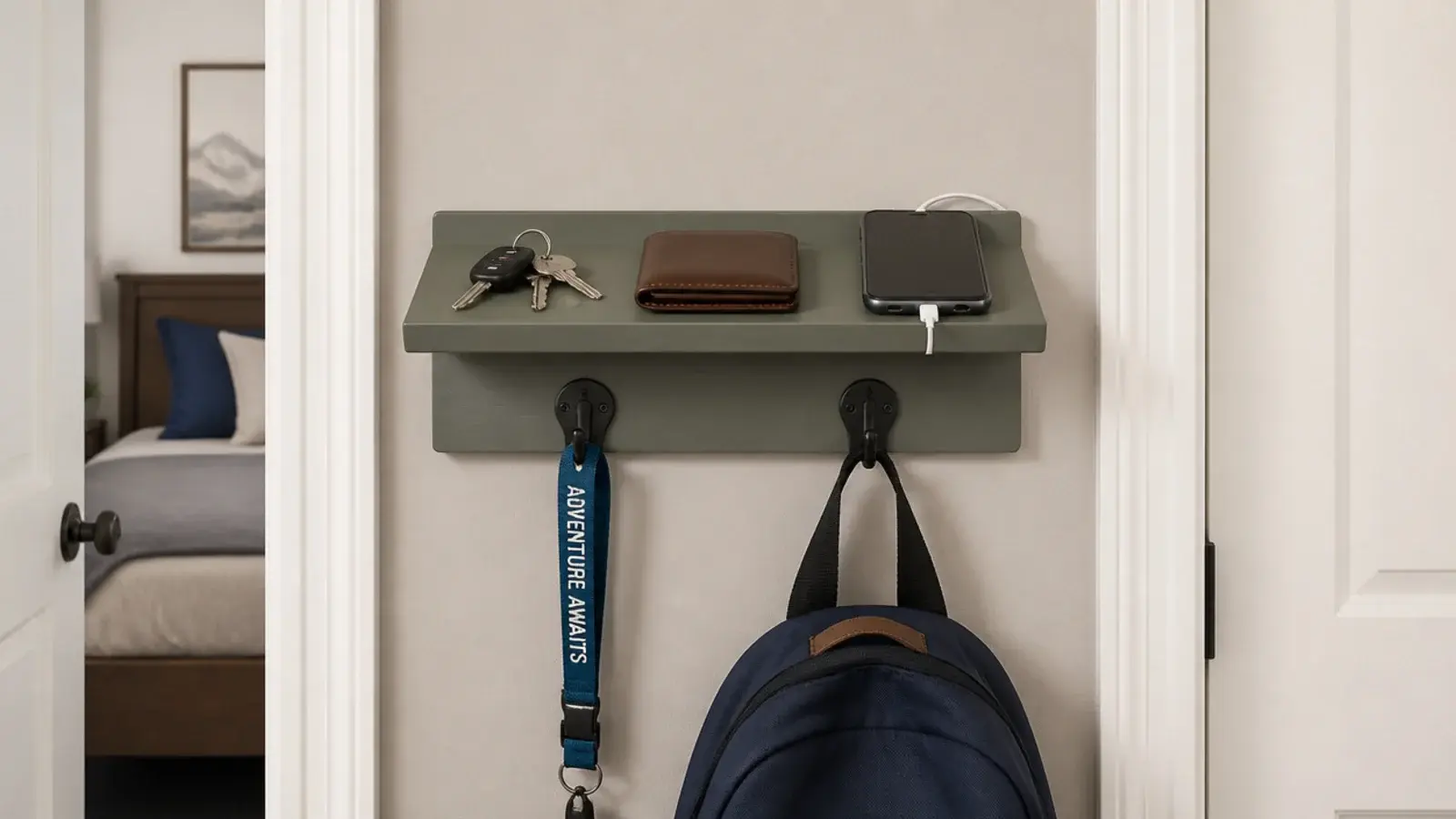 narrow shelf just inside a bedroom door holding keys and a wallet