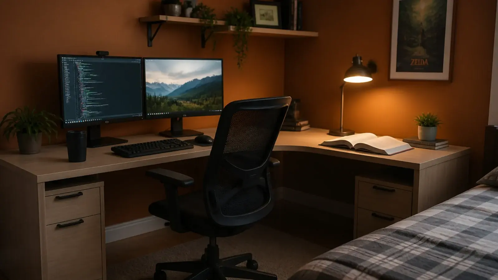 L shaped desk wrapping a bedroom corner with monitor and books