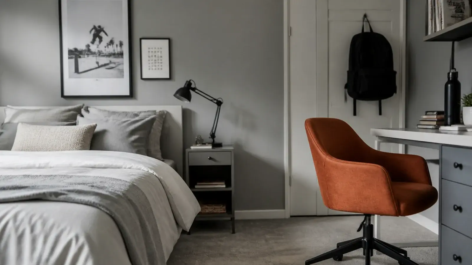 grey and white bedroom with a single bright orange chair as accent