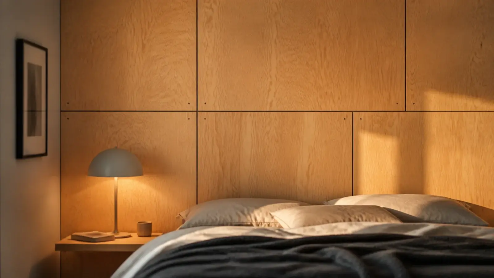 birch plywood sheets fixed across a full bedroom wall with visible seams