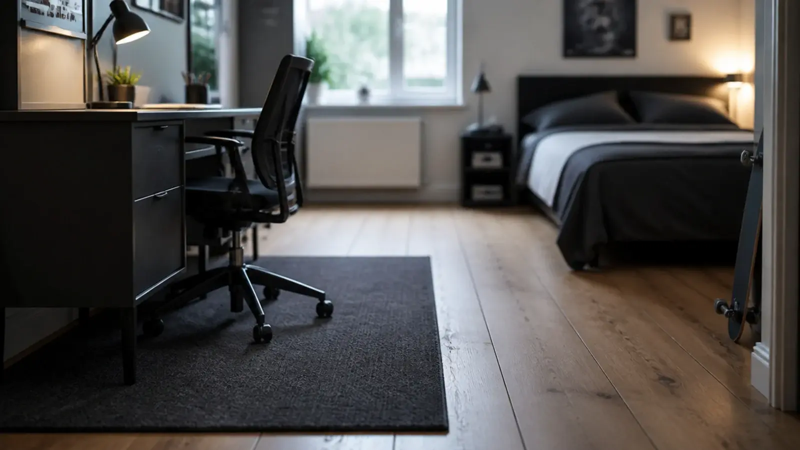charcoal rug defining a desk zone against bare boards at the bed