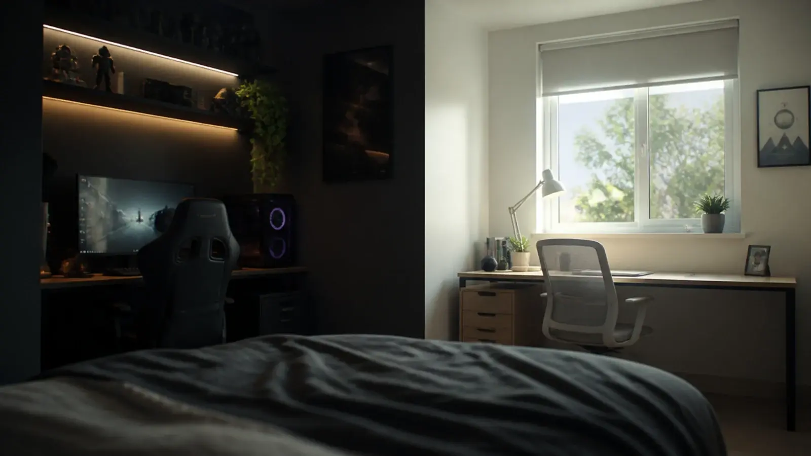 dark gaming corner beside a brightly daylit study desk in one room