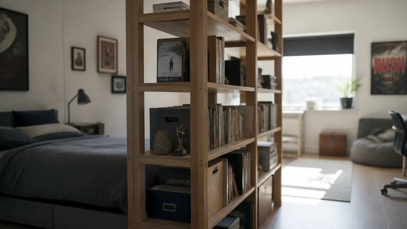 open backed bookcase dividing a bedroom with light passing through