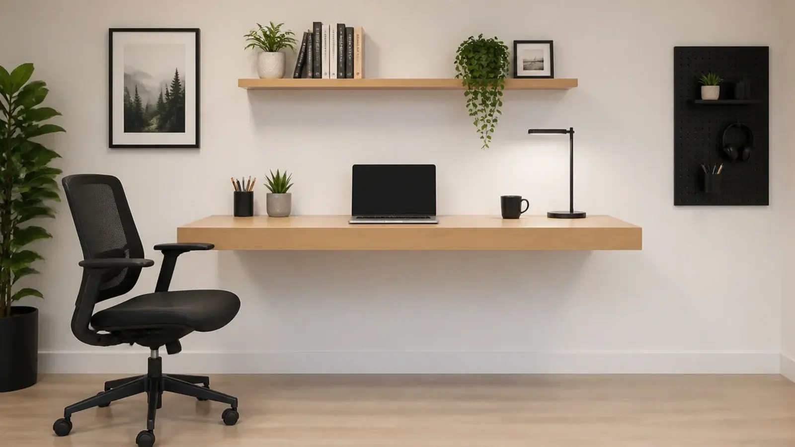 wall mounted desk with clear floor running underneath it