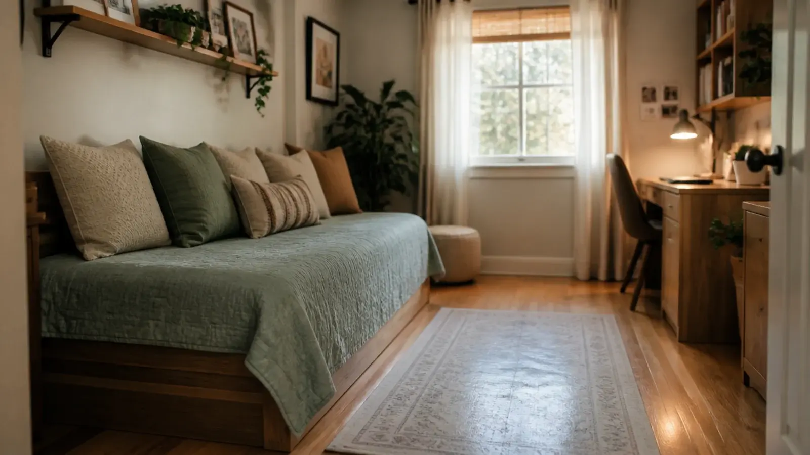single bed set long side to the wall opening a strip of floor