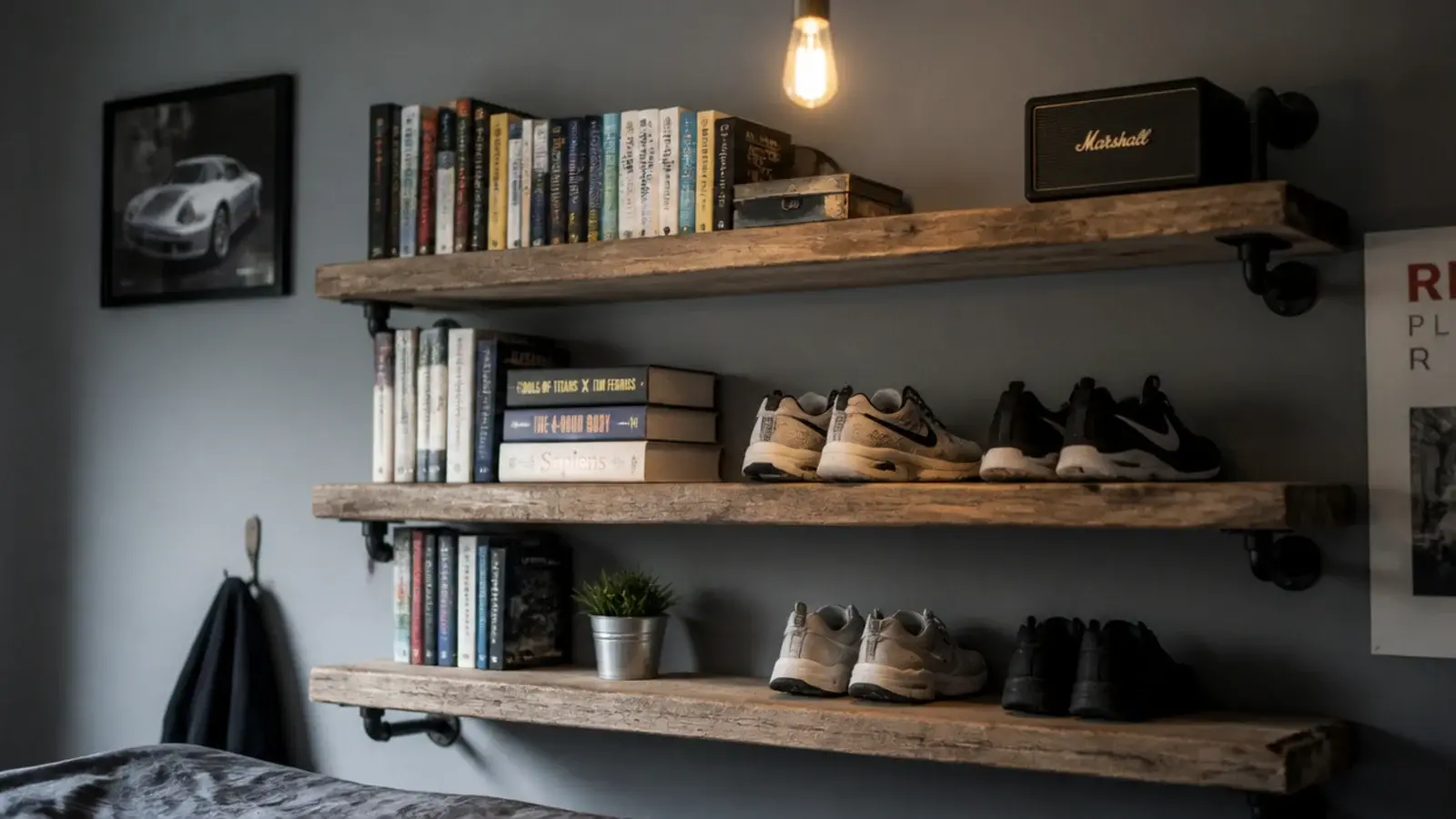 scaffold plank shelves on black iron pipe brackets across a wall